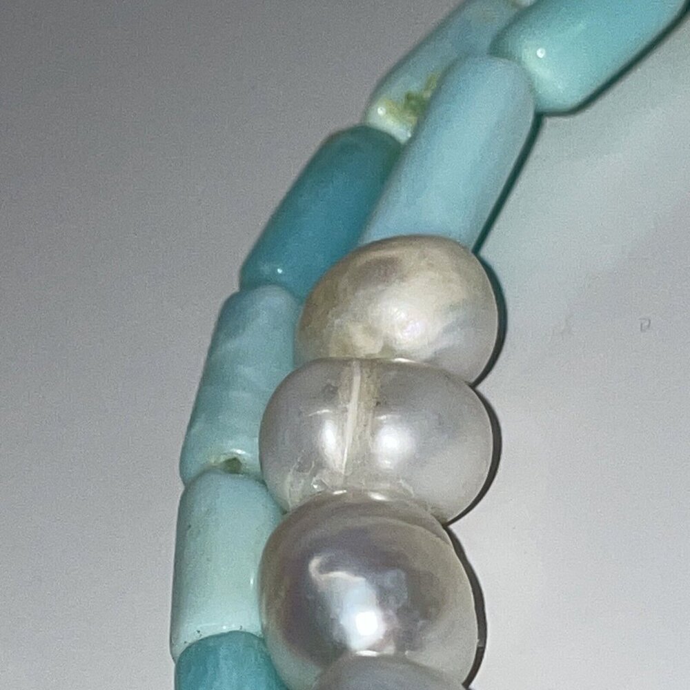 Aqua Peruvian Opal? Tube Beads & Freshwater Pearl Pendant Gemstone Necklace A140 - Picture 11 of 16